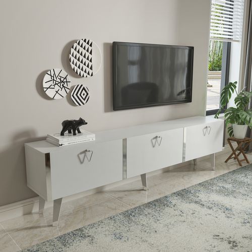 Meuble TV Milagro 180 Cm Armoires Abattants Design Chic à 5 Pieds (blanc Et Argent)