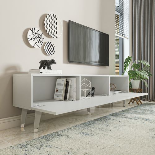 Meuble TV Milagro 180 Cm Armoires Abattants Design Chic à 5 Pieds (blanc Et Argent)
