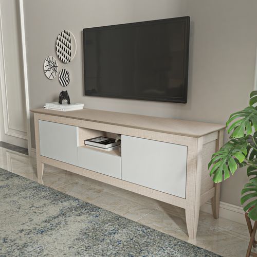 Verde Meuble TV 150 Cm 3 Armoires Battantes Et Une Niche - Convient Aux TVs 55" (beige Et Blanc)