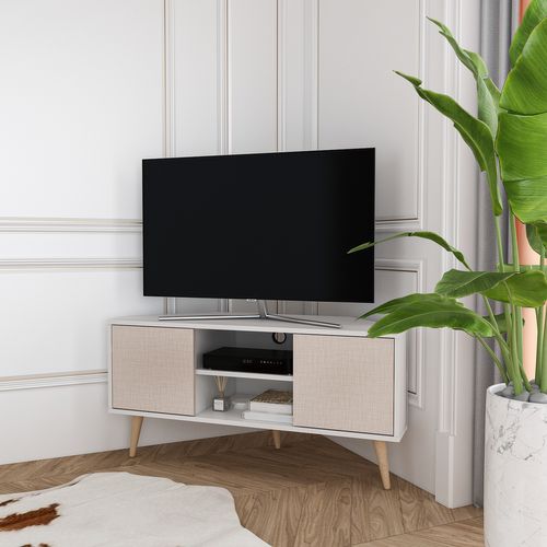 Meuble TV D'angle Lesson 120 Cm 2 Armoires Et Étagères Ouvertes (beige Et Blanc)