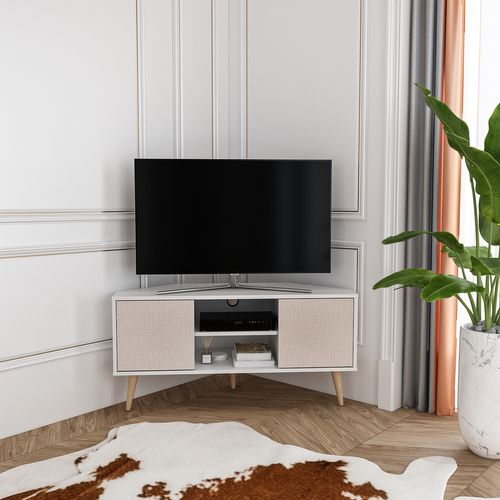 Meuble TV D'angle Lesson 120 Cm 2 Armoires Et Étagères Ouvertes (beige Et Blanc)