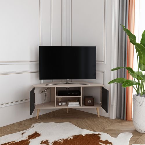 Meuble TV D'angle Lesson 120 Cm 2 Armoires Et Étagères Ouvertes (beige Et Noir)