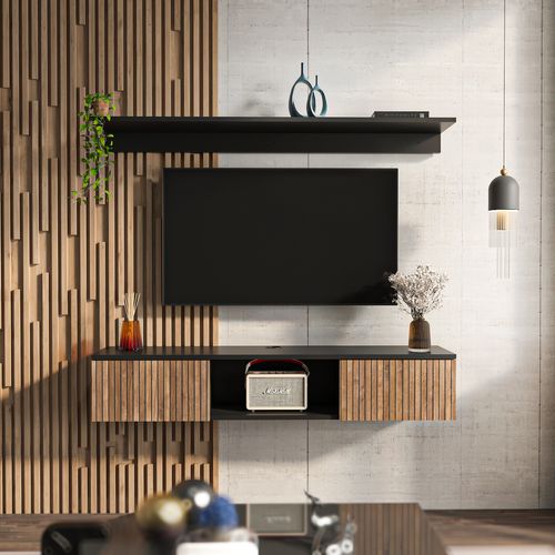 Meuble TV Mural Elia Flottant 140 Cm, Armoires, Passe-cable, Étagère Murale Incluse