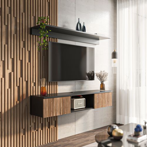 Meuble TV Mural Elia Flottant 140 Cm, Armoires, Passe-cable, Étagère Murale Incluse