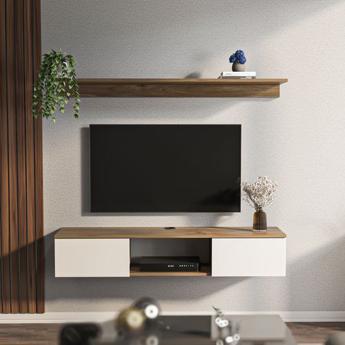 Meuble TV Mural Elia Flottant 140 Cm, Armoires, Passe-cable, Étagère Murale Incluse (noyer Et Blanc)