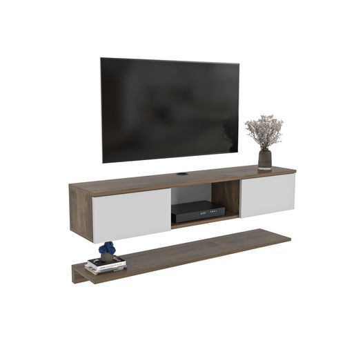 Meuble TV Mural Elia Flottant 140 Cm, Armoires, Passe-cable, Étagère Murale Incluse (noyer Et Blanc)