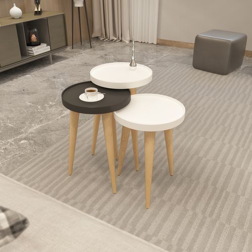 Tables Gigognes, Set De 3, Pieds En Bois, Colorés (blanc Et Anthracite)