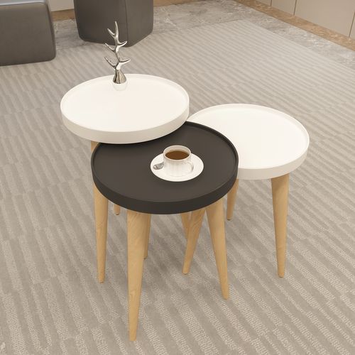 Tables Gigognes, Set De 3, Pieds En Bois, Colorés (blanc Et Anthracite)