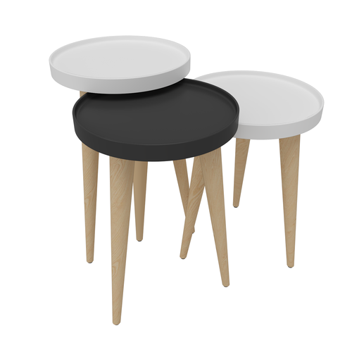 Tables Gigognes, Set De 3, Pieds En Bois, Colorés (blanc Et Anthracite)