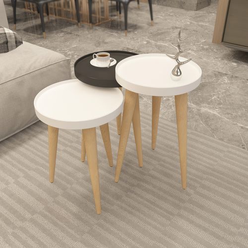 Tables Gigognes, Set De 3, Pieds En Bois, Colorés (blanc Et Anthracite)