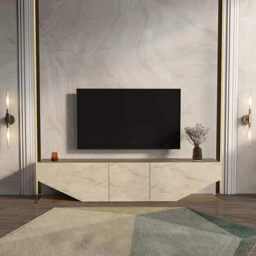 Meuble TV Pearl De 180 Cm Avec Des Armoires En Style Ailes (noyer Et Travertine)