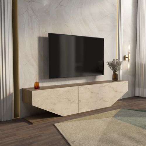 Meuble TV Pearl De 180 Cm Avec Des Armoires En Style Ailes (noyer Et Travertine)