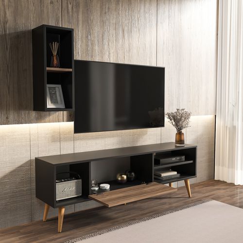 Rans Meuble TV - Banc TV - Rangement - Etagère Murale Incluse (noir Et Alina)