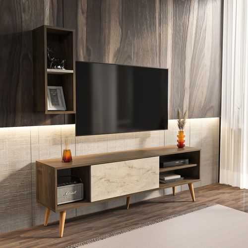 Rans Meuble TV - Banc TV - Rangement - Etagère Murale Incluse (noyer Et Traverter)