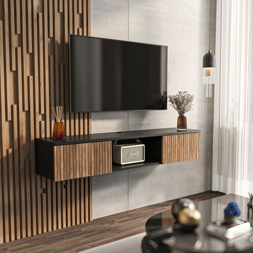Meuble TV Mural Elia Flottant 140 Cm - Armoires - Passe-cable (noir Et Effet Alina)