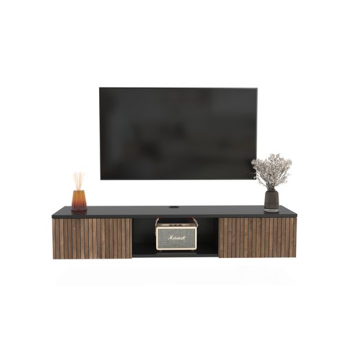 Meuble TV Mural Elia Flottant 140 Cm - Armoires - Passe-cable (noir Et Effet Alina)
