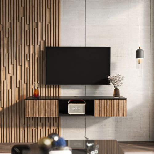 Meuble TV Mural Elia Flottant 140 Cm - Armoires - Passe-cable (noir Et Effet Alina)