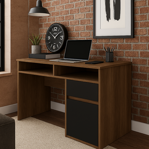 Isla Bureau Modern 100 Cm Tiroir Et Armoire (noyer Et Noir)