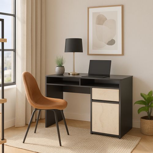 Isla Bureau Modern 100 Cm Tiroir Et Armoire (noir Et Travertine)