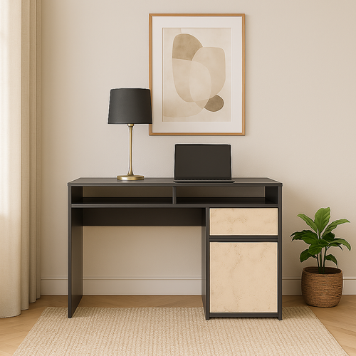 Isla Bureau Modern 100 Cm Tiroir Et Armoire (noir Et Travertine)