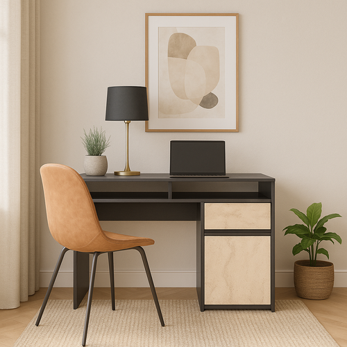Isla Bureau Modern 100 Cm Tiroir Et Armoire (noir Et Travertine)
