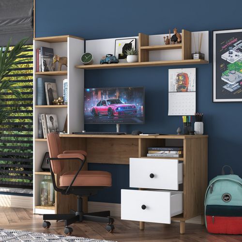 Bureau Avec Étagère Bibliothèque Evrard Bois Clair Et Blanc