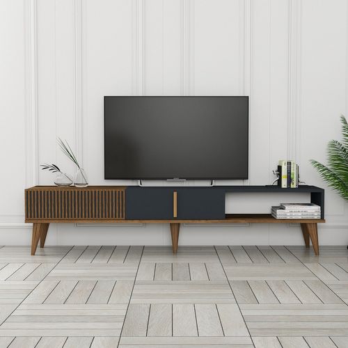 Meuble TV En Bois "milan" - 180 X 35 X 40 Cm - Noyer, Anthracite