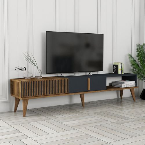 Meuble TV En Bois "milan" - 180 X 35 X 40 Cm - Noyer, Anthracite