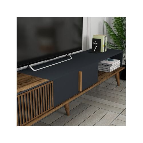 Meuble TV En Bois "milan" - 180 X 35 X 40 Cm - Noyer, Anthracite