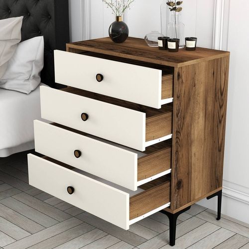 Commode 4 Tiroirs Tullio H90,7cm Bois Et Blanc Crème