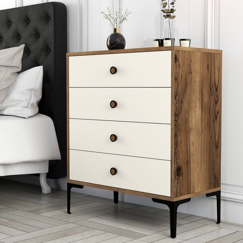 Commode 4 Tiroirs Tullio H90,7cm Bois Et Blanc Crème