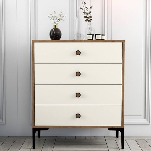 Commode 4 Tiroirs Tullio H90,7cm Bois Et Blanc Crème