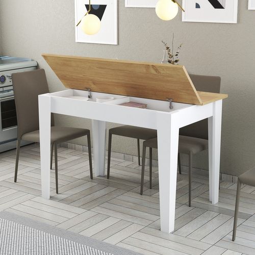 Table De Salle à Manger Avec Rangement Fiorita L110cm Blanc Et Chêne Clair
