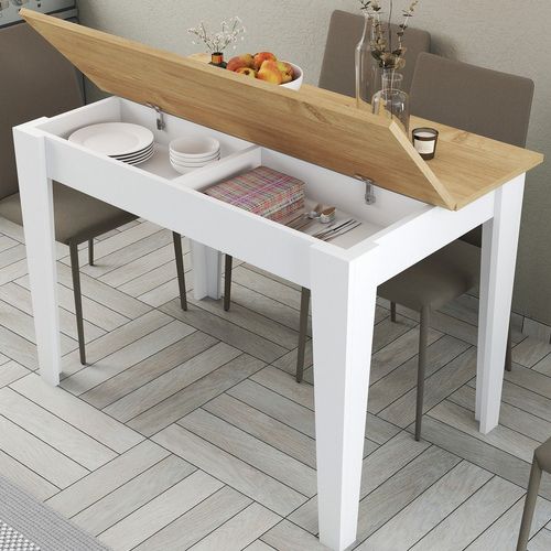 Table De Salle à Manger Avec Rangement Fiorita L110cm Blanc Et Chêne Clair
