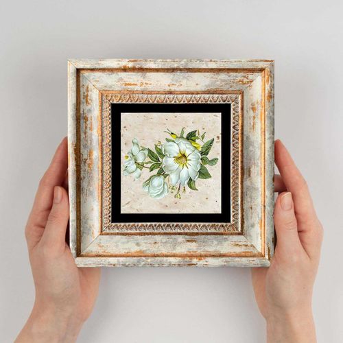 Tableau Décoratif En Bois Et Métal 20 X 20 Cm Fleurs Blanches