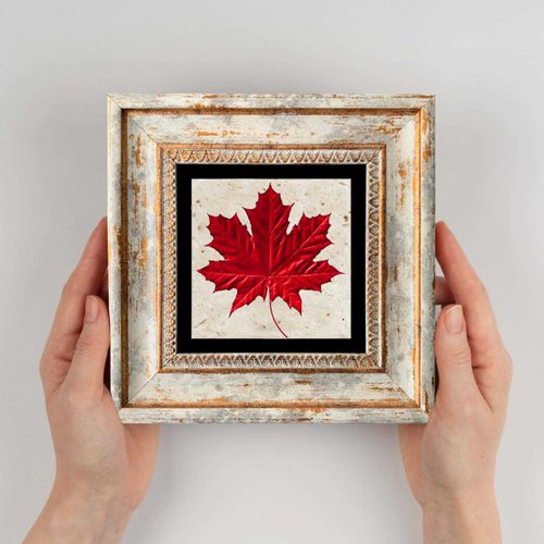 Tableau Décoratif En Bois Et Métal 20 X 20 Cm Feuille Rouge