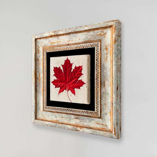 Tableau Décoratif En Bois Et Métal 20 X 20 Cm Feuille Rouge