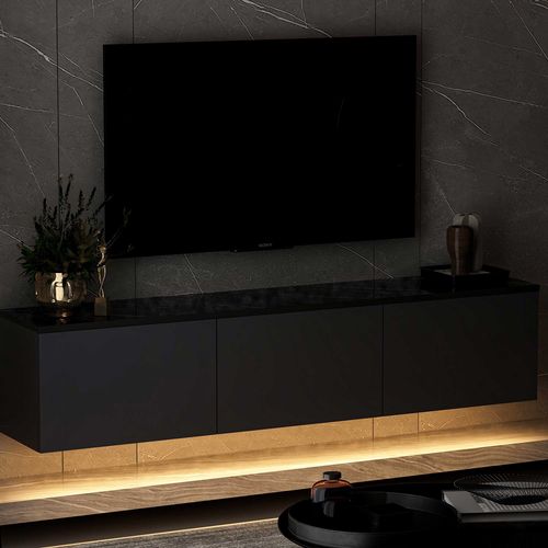 Meuble TV Suspendu Ruxta L160cm Anthracite Et Noir Effet Marbre
