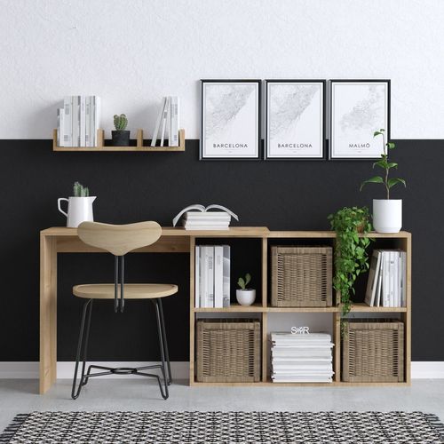 Bureau 6 Niches Avec Étagère Murale Rema L145cm Chêne Clair