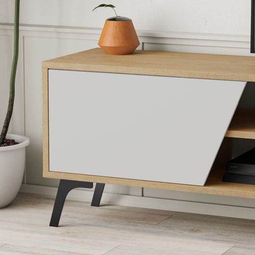 Meuble TV 3 Portes Et 2 Niches Décor Chêne Et Blanc - L180 Cm