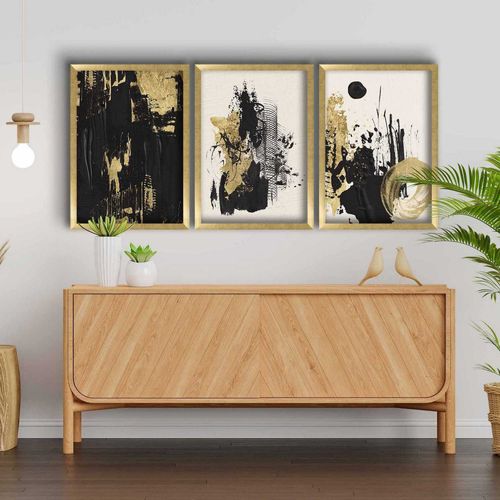 Ensemble De 3 Tableaux Décoratifs Abstrait Noir Et Doré