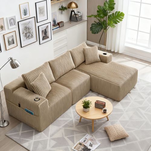 Canapé D'angle Modulable, 3 Places, Revêtement En Velours Côtelé