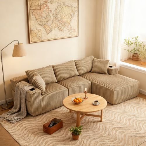 Canapé D'angle Modulable, 3 Places, Revêtement En Velours Côtelé