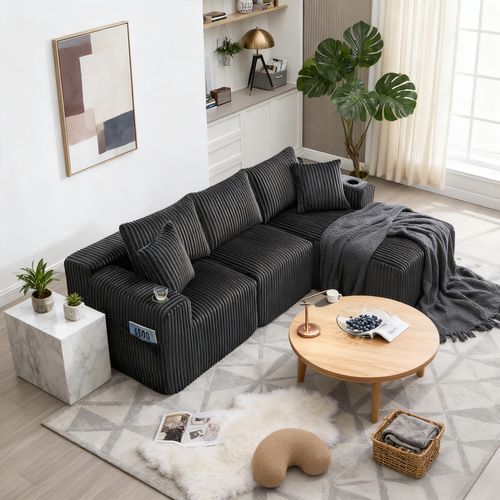 Canapé D'angle Modulable, 3 Places, Revêtement En Velours Côtelé