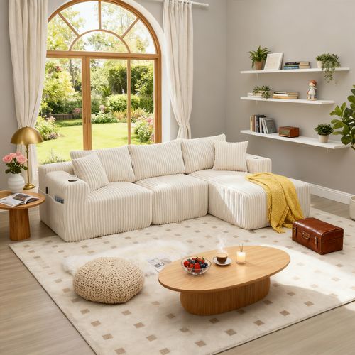Canapé D'angle Modulable, 3 Places, Revêtement En Velours Côtelé