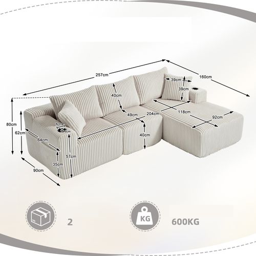 Canapé D'angle Modulable, 3 Places, Revêtement En Velours Côtelé