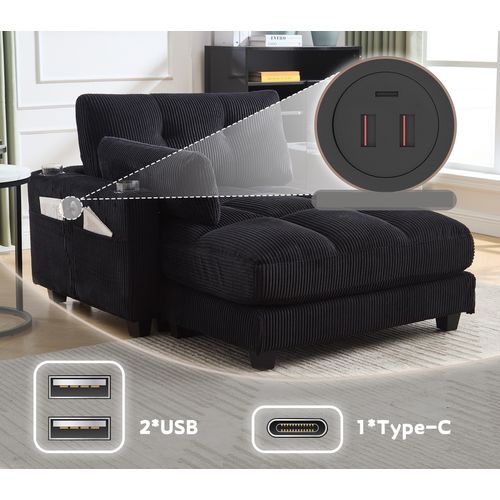 Méridienne 1 Places, Pour Canapé Modulables, Revêtement En Velours Côtelé, Avec Ports USB