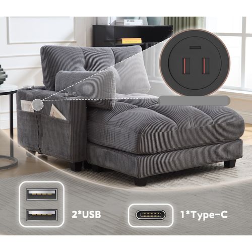 Méridienne 1 Places, Pour Canapé Modulables, Revêtement En Velours Côtelé, Avec Ports USB