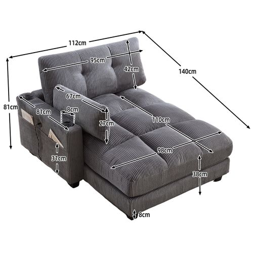 Méridienne 1 Places, Pour Canapé Modulables, Revêtement En Velours Côtelé, Avec Ports USB