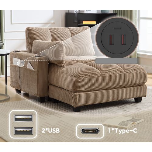 Méridienne 1 Places, Pour Canapé Modulables, Revêtement En Velours Côtelé, Avec Ports USB